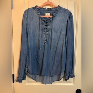 American Eagle Outfitters Blue Denim Lace-Up Blouse